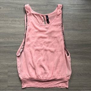 Pink Beaded Chiffon Tank Top Stretchy Waistband